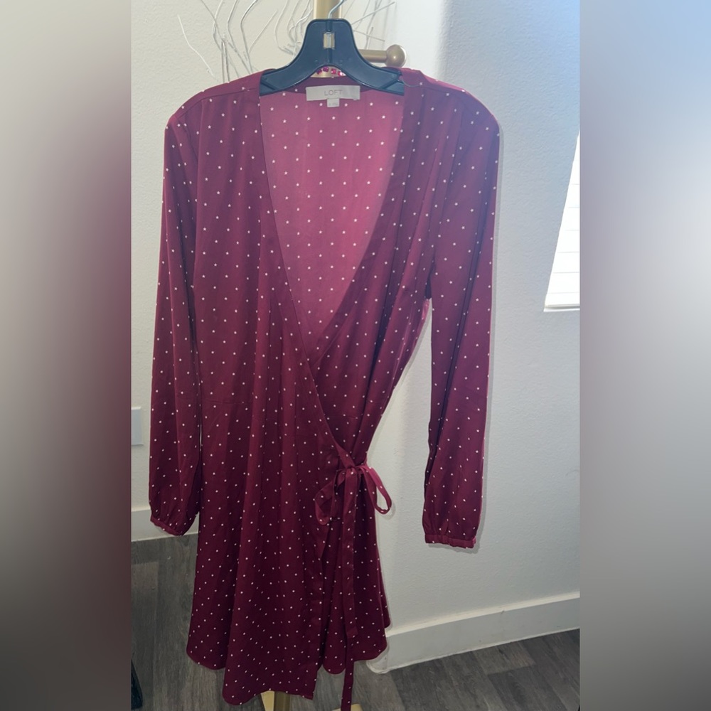 LOFT WINE COLORED POLKA DOT WRAP DRESS - LG